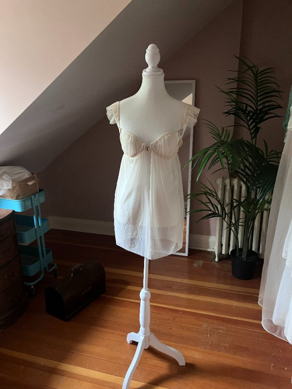 Ivory cream mesh slip dress bustier lingerie babydoll nightie